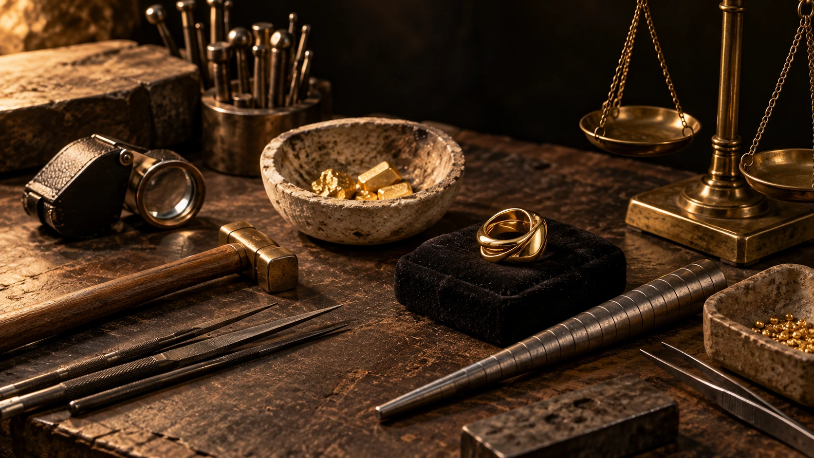 A goldsmith&rsquo;s bench with a loupe, hammer, files, a crucible of gold and a ring on velvet