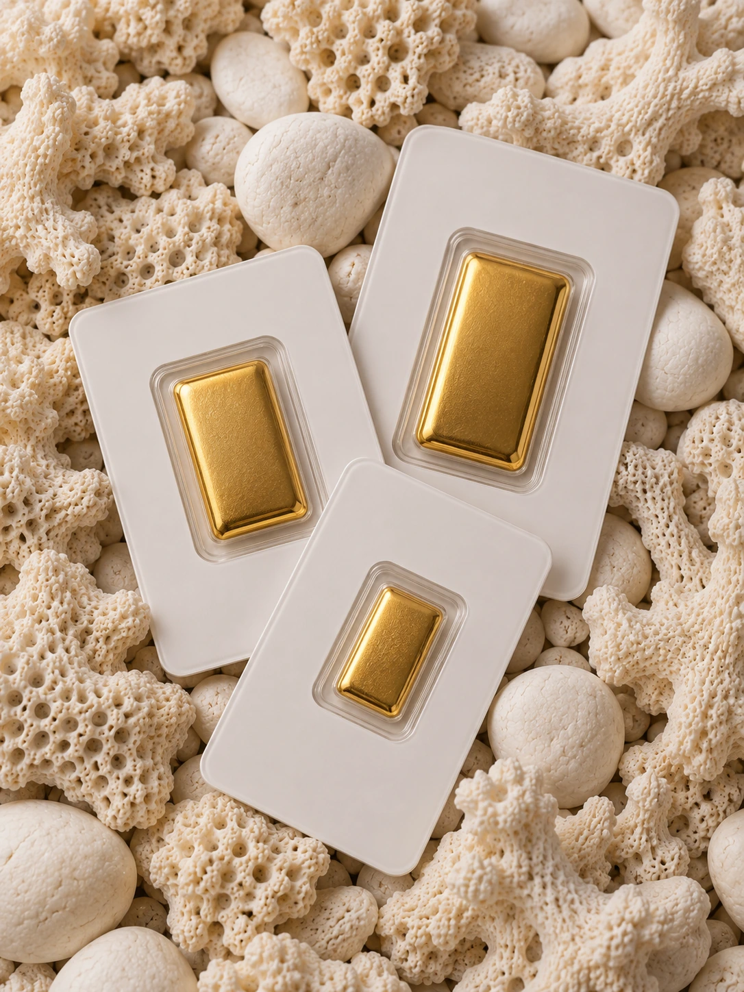Three sealed gold bars on white coral