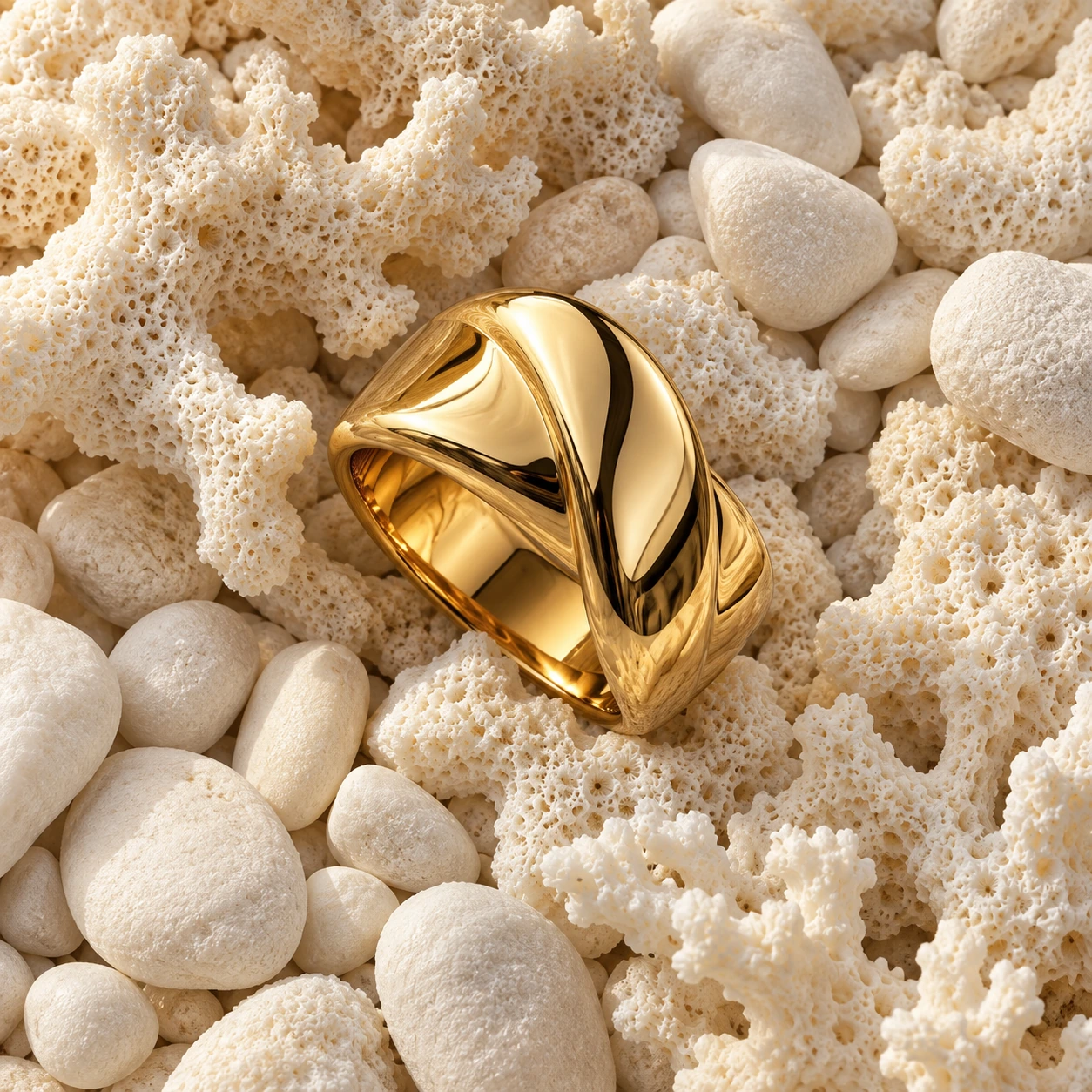 A wide twisted 21-karat gold ring on white coral