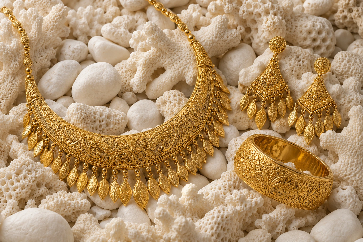 A 21-karat gold bridal set — leaf-fringe necklace, chandelier earrings and bangle — on white coral
