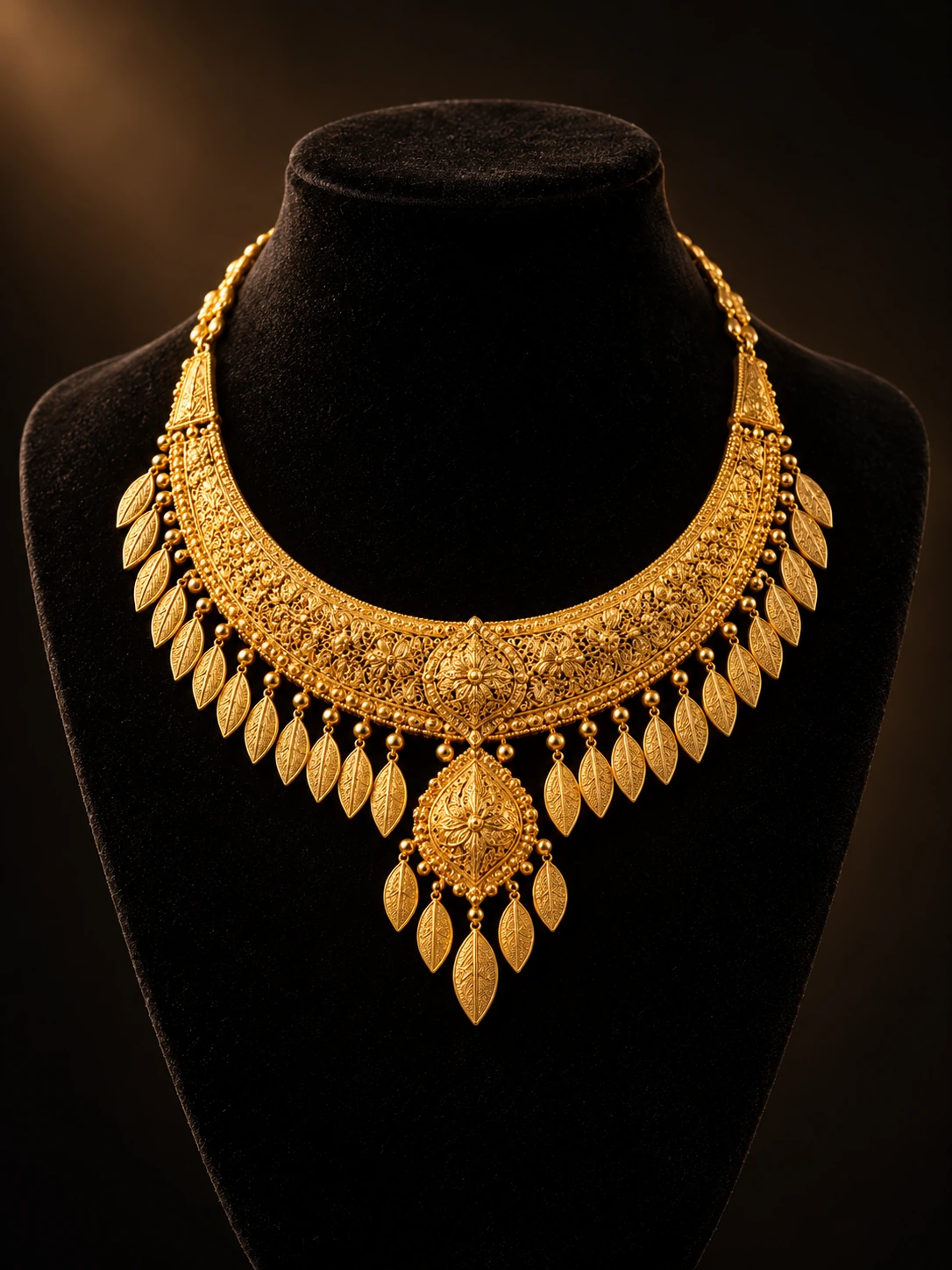 A black velvet bust wearing a 21-karat gold leaf-fringe necklace